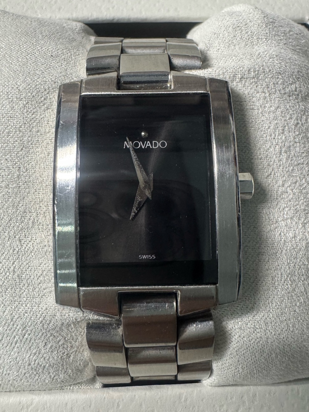 #216 Movado Stainless Steel Bracelet Black Dial Rectangular Watch